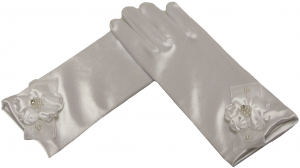 GIRLS SHORT SATIN GLOVES W/ FLOWER BOW (WHITE)